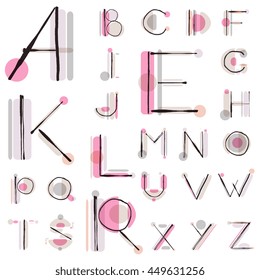 Vector unique colorful alphabet made of simple geometrical shapes with hand drawn sketch elements. Beautiful vivid isolated capital latin letters from A to Z. Ready for poster or artwork design.

