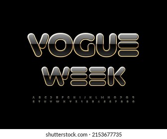 Vector Unique Flyer Vogue Week. Gold And Black Abstract Font. Shiny Alphabet Letters And Numbers Set