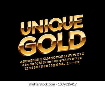 Vector Unique Gold Alphabet Letters, Numbers And Symbols. Glossy 3D Font