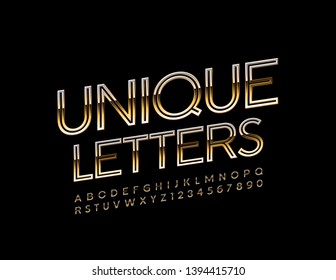 Vector Unique Golden Alphabet Letters, Numbers and Symbols. Modern Uppercase Font