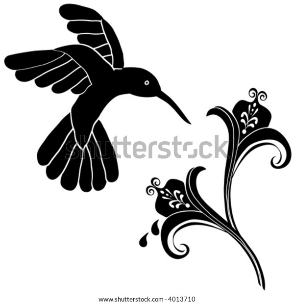 Vector\
Unique hummingbird and flower graphic useful as decoration and\
ornament. Black designs on a white\
background.