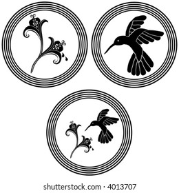 Vector Unique hummingbird and flower graphics useful as decorations and ornaments. Black designs on a white background.