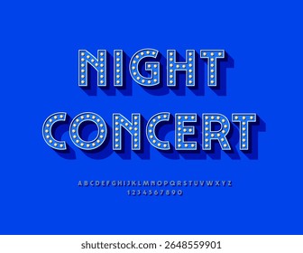 Vector Unique invitation Night Concert. Retro style Font with Lamp. Bright Light Bulbs Alphabet Letters and Numbers set.