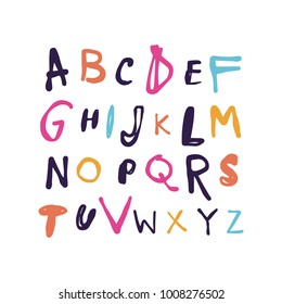 Vector unique lettering font, handdrawn. ABC, kids, funny, children. Isolated, letters set, alphabet, paint splashes, color.