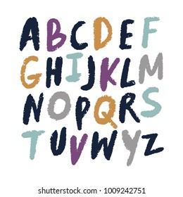 Vector unique lettering font, handdrawn. ABC, kids, funny, children. Isolated, letters set, alphabet, chalk, color.