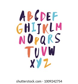 Vector unique lettering font, handdrawn. ABC, kids, funny, children. Isolated, letters set, alphabet, paint splashes, color.