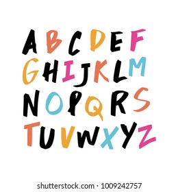 Vector unique lettering font, handdrawn. ABC, kids, funny, children. Isolated, letters set, alphabet, marker, color.