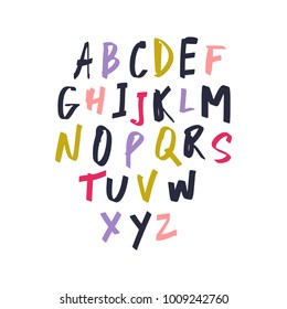 Vector unique lettering font, handdrawn. ABC, kids, funny, children. Isolated, letters set, alphabet, paint splashes, color.