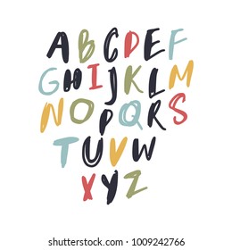 Vector unique lettering font, handdrawn. ABC, kids, funny, children. Isolated, letters set, alphabet, paint splashes, color.