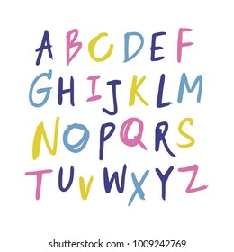 Vector unique lettering font, handdrawn. ABC, kids, funny, children. Isolated, letters set, alphabet, chalk, color.