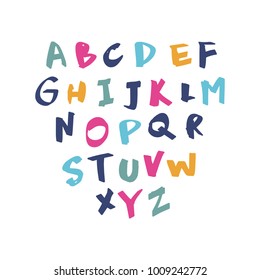 Vector unique lettering font, handdrawn. ABC, kids, funny, children. Isolated, letters set, alphabet, flat, paint splashes, color.