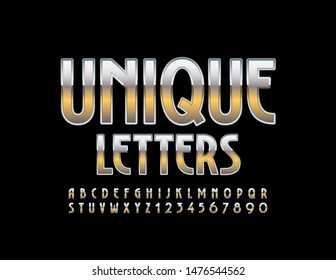 Vector Unique Letters and Numbers. Metallic Uppercase Alphabet. Elegant Gold and Silver Font