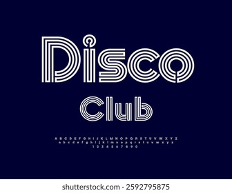 Vector Unique logotype Disco Club. Trendy Stylish Alphabet Letters and Numbers set. Cool Digital Font.