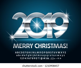 Vector unique Merry Christmas 2019 Greeting Card with set of Letters, Symbols and Numbers. Silver stylish Font.
