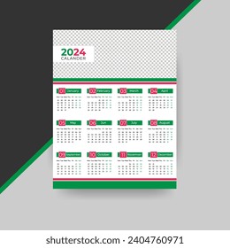 Vector Unique One Pager 2024 Calendar design with Red, Green, Orange color