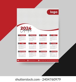 Vector Unique One Pager 2024 Calendar design with Red, Green, Orange color