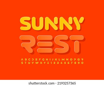 Vector unique poster Sunny Rest. Abstract style Font. Yellow sticker Alphabet Letters and Numbers set