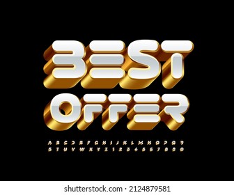 Mejor oferta de promoción exclusiva de vectores. Fuente 3D premium. Letras y números de alfabeto blanco y oro de lujo