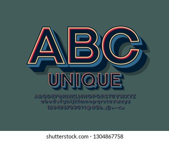 Vector Unique retro Alphabet Letters, Numbers and Symbols. 3D Bright Font.