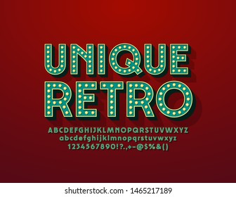 Vector Unique Retro Lamp Font. Old Fashioned Alphabet. Retro Light Bulb Letters, Numbers And Symbols