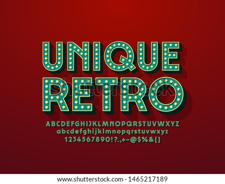 Vector Unique Retro lamp Font. Old Fashioned Alphabet. Retro light bulb Letters, Numbers and Symbols