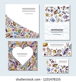 Vector unique set of templates of postcards, business cards, flyers or banners, ready made design for printing. Colored hand drawing vector illustration.