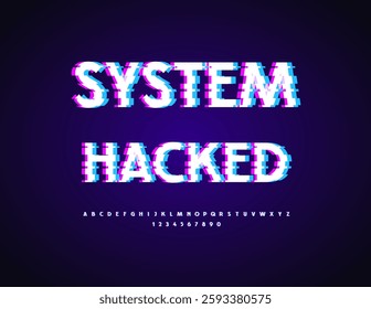 Vector Unique sign System Hacked. Broken Digital Font. Glitched Pixels Alphabet Letters and Numbers set.
