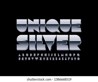 Vektoreinzigartige Silver Uppercase Schriftart. Metallische glänzende Alphabet-Buchstaben und -Zahlen