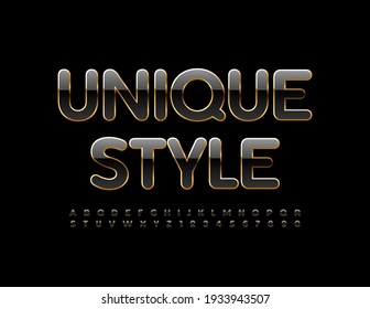 Vector Unique style Alphabet set. Black and Gold glossy Font. Chic shiny Letters and Numbers