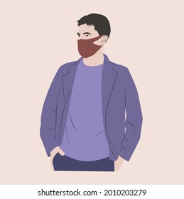 vector with a unique style and character with a balanced selection of colors. a man wearing a blue suit and a brown mask