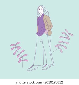 vector with unique style and character. woman standing with her hands in her pockets. eps 10