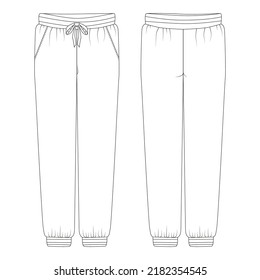 Vector unisex jogger fashion CAD, woman sweatpants with side pockets technical drawing, template, sketch, flat. Jersey or woven fabric trousers with front, back view, white color