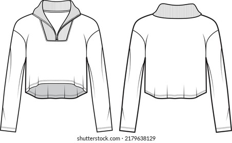 Vector unisex sweatshirt fashion CAD, woman sweatshirt with rib and zip details technical drawing, template, flat, sketch.Fleece, jersey or woven fabric sweatshirt with front, back view, white color