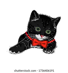 Vector Unisex t shirt print with funny black cat with red bow tie. 3d realistic shirt template. Gentleman pet with necktie on white background. Retro poster with kitty. Vector illustration