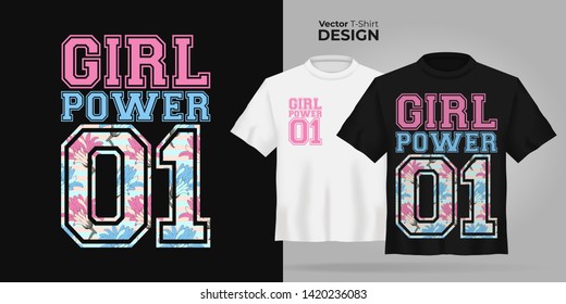 Vector Unisex t-shirt mock up set with type Girl Power 01. 3d realistic shirt template, motivation poster with pink and blue flower. Black and white tee mockup, front view design, woman floral pattern