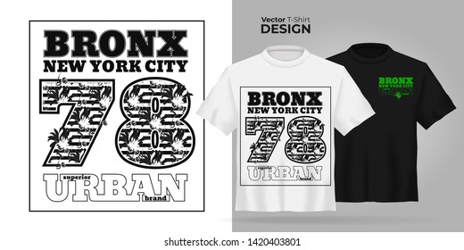 Vector Unisex t-shirt mock up set with type Bronx new york city. 3d realistic shirt template with Grunge flower number 78. Black and white tee mockup, front view design abstract art print.