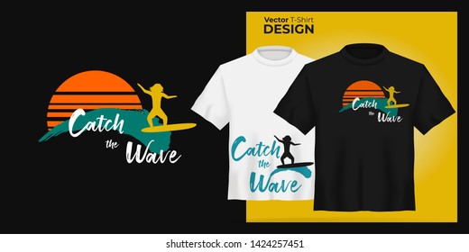 Vector Unisex t-shirt mock up set. 3d realistic shirt template Catch the wave quote with surfing men on ocean blue waves and orange sun on black background. Black and white tee mockup hawaii design