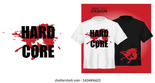Vector Unisex t-shirt mock up set with red blood spot symbol. 3d realistic shirt template with extreme hard core music icon. Black and white tee mockup, front view design with grunge print