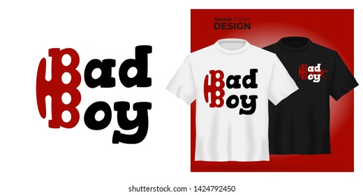 Vector Unisex t-shirt mock up set with Bad boy stylized icon with red brass knuckles. 3d realistic shirt template with extreme type. Black and white tee mockup, front view design with grunge print