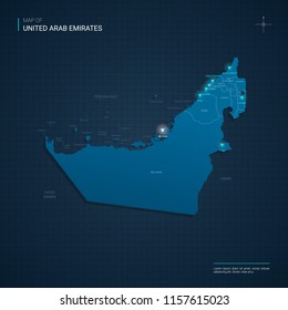 Vector United Arab Emirates map illustration with blue neon lightpoints - triangle on dark blue gradient background. Administrative divisions, cities, borders, capital. Neon tech background with glow.