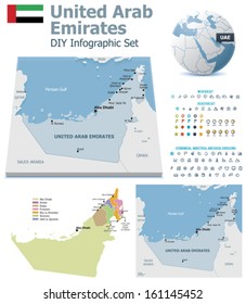 Vector United Arab Emirates map, UAE flag, point markers and related icon set
