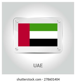 Vector United arab emirates UAE Flag glass plate with metal holders - Country name label in bottom - Gray background vector illustration