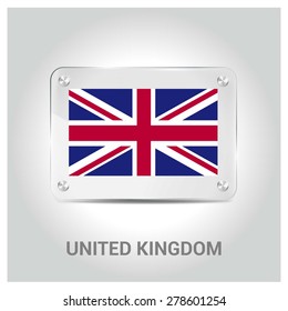 Vector United Kingdom British great britain UK Flag glass plate with metal holders - Country name label in bottom - Gray background vector illustration