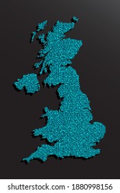 Vector United Kingdom country made blue sequins map isolated on background. Flat metal gold glitter template travel pattern, report, infographic, backdrop. Great Britain silhouette sign concept.