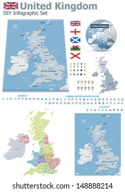 Vector United Kingdom political and administrative divisions maps; Great Britain, England, Wales, Scotland and North Ireland flags, Earth globe showing country location, map markers, related icon set