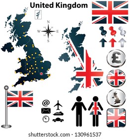 Vector of United Kingdom set with detailed country shape with region borders, flags and icons