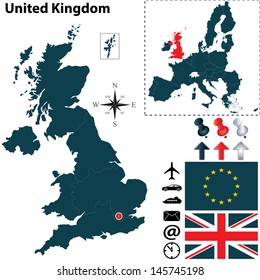 Vector of United Kingdom set with detailed country shape with region borders, flags and icons