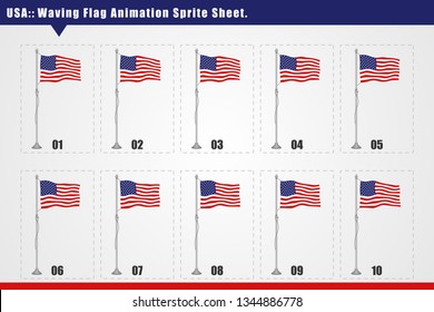 Vector United States of America country waving flag animation. Sequence frames sprite sheet illustration. Smooth waving animation sprites on white background, vector animation frames.