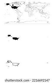 Vektorkarte der Vereinigten Staaten von Amerika, Karte der Vereinigten Staaten von Amerika, mit Länderlokation auf der Welt mit festen und umrissenen Karten für die Vereinigten Staaten von Amerika auf weißem Hintergrund. 