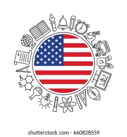 Vector  United States of America school background, with black linear icons on white. Education in USA pattern with modern line style icons and United States of America flag.